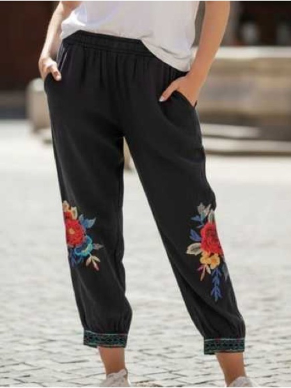 Johnny Was Floral Embroidered Pull On Jogger Pants Black Medium M Cupra Blend